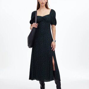 Madewell Puff Sleeve Sweetheart Midi Dress - Floral Green and Black - Size 12